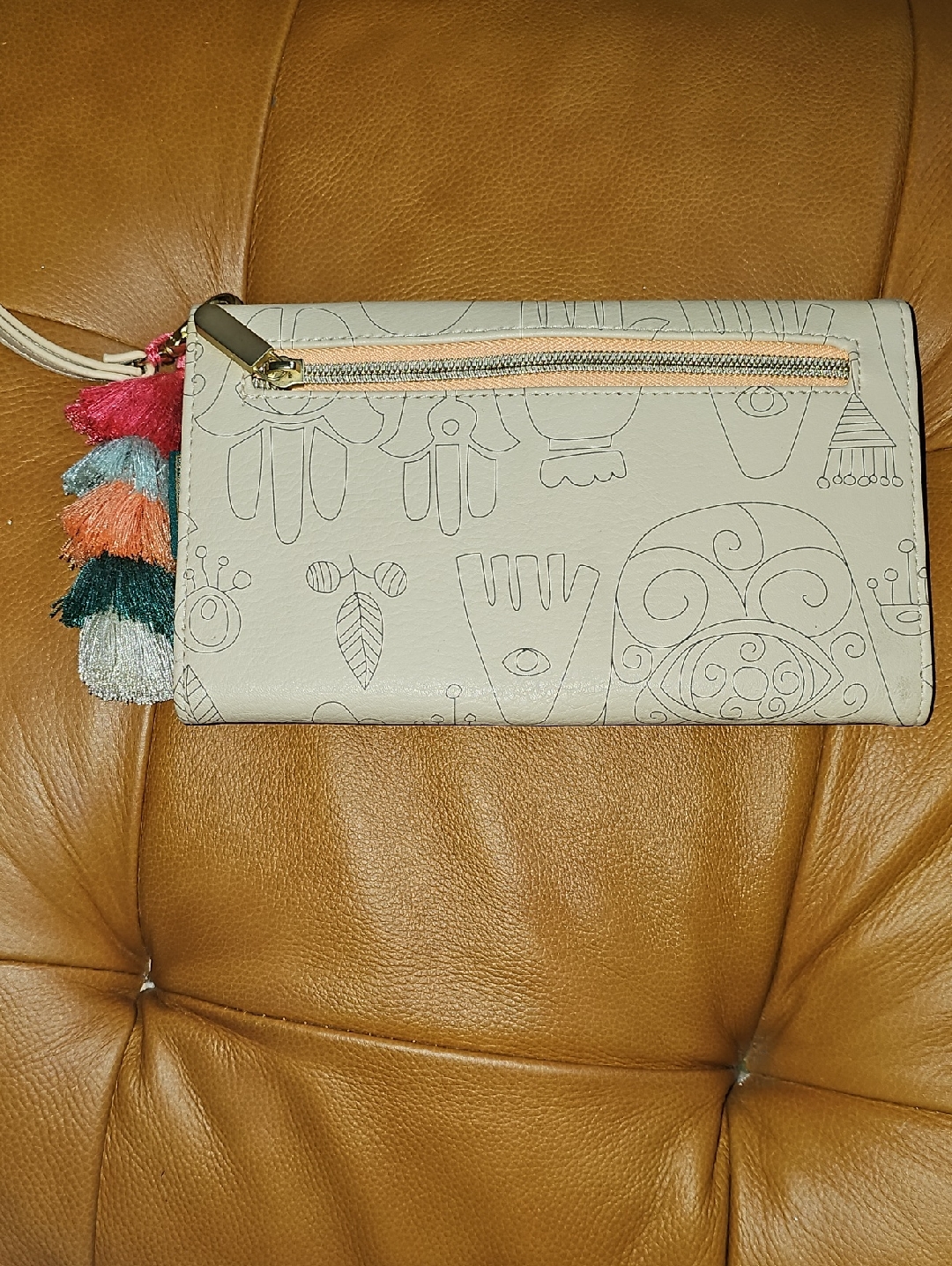 Jungalow Bohemian Print Beige Clutch With Colorful Tassels Travel Wallet Phone — image 2 of 6